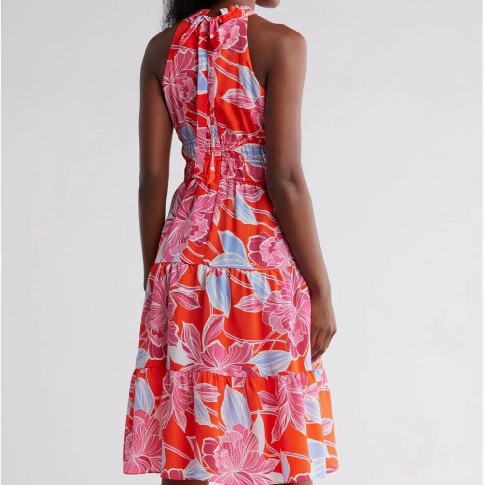Eliza J - Halter Tiered Midi Dress - Size 8 - Poppy Red Floral - Picture 2 of 11